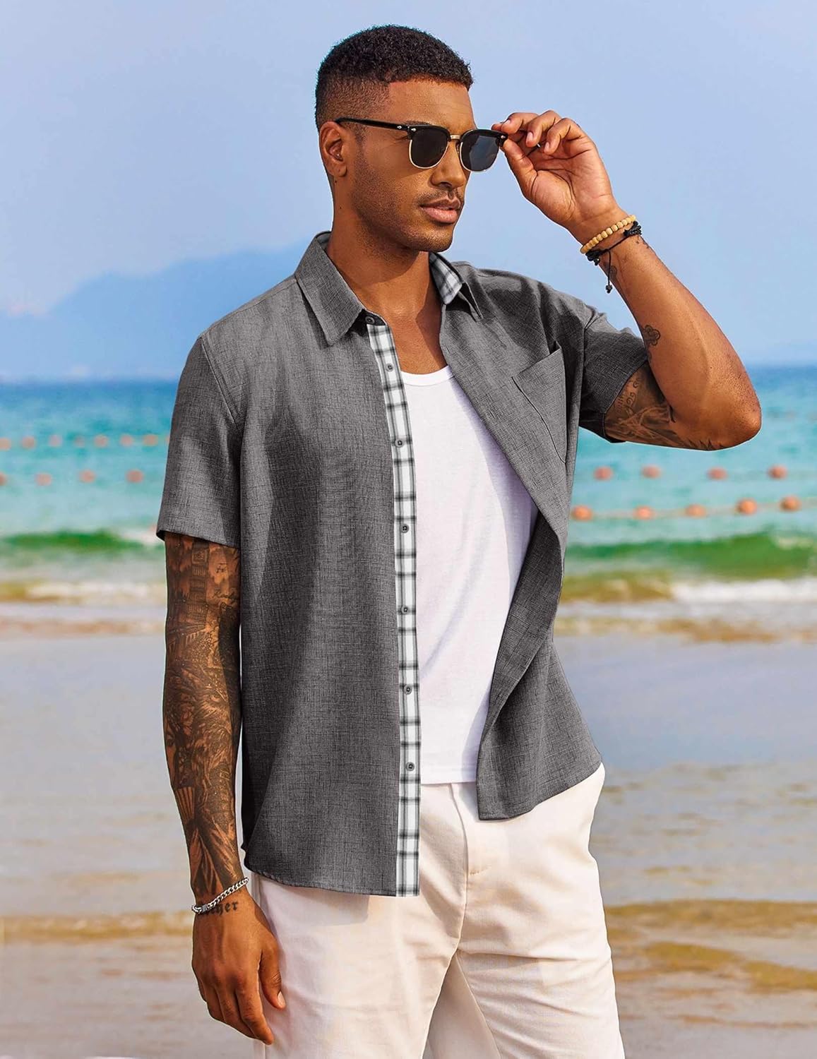 Short Sleeve Casual Summer Beach Vacation Wedding Shirt with Pocket